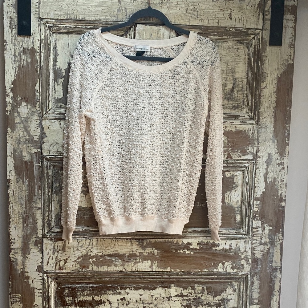 Lightweight Cream Knit Textured Crewneck Sweater, Size S